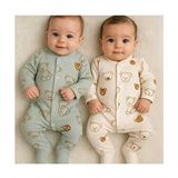 UmBaby Haki /ekru Erkek Bebek Ayıcık Desenli 2'li Tulum Takımı Unisex Yenidoğan İçin Pamuklu