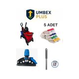 Umbex Çift Kovalı Plastik Temizlik Arabası Paspas Arabası Islak Mop Seti 5 Islak Mop
