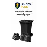 UMBEX PLUS Plastik Metal Pedallı Çöp Konteyneri 240 Litre Konteyner ve 10 Rulo Çöp Poşeti - Isıya Dayanıklı -