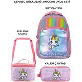 Ümit Çanta Cennec Gökkuşağı Unicorn 3’lü Okul Seti – Sırt Çantası, Beslenme Çantası ve Kalem Kutusu - Pembe