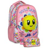 Ümit Çanta (Pembe - Sarı) Kız Çocuk Çiçek Açan Emoji Baskılı Ilkokul Çantası ve Kalemlik Seti - SETUMT6012C
