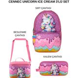 Ümit Çanta Ümit Cennec Unicorn Ice Cream Sırt Çantası, Kalemlik ve Termal Beslenme Çantası Pembe Renkli Set