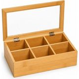 Umiya Bambu Çay Saklama Kutusu Şeffaf Kapaklı 6 Bölmeli Ahşap Çay Organizeri 24X16X7 cm - Renkli