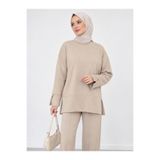 umtlifes Kadın Bej Yırtmaçlı Modal Kumaş Bisiklet Yaka Oversize Tesettür Tunik Sweatshirt