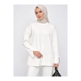umtlifes Kadın Beyaz Yırtmaçlı Modal Kumaş Bisiklet Yaka Oversize Tesettür Tunik Sweatshirt