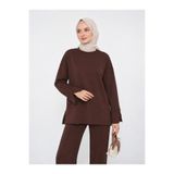 umtlifes Kadın Kahve Yırtmaçlı Modal Kumaş Bisiklet Yaka Oversize Tesettür Tunik Sweatshirt