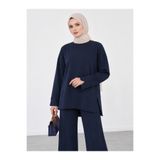 umtlifes Kadın Lacivert Yırtmaçlı Modal Kumaş Bisiklet Yaka Oversize Tesettür Tunik Sweatshirt