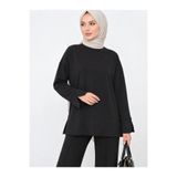 umtlifes Kadın Siyah Yırtmaçlı Modal Kumaş Bisiklet Yaka Oversize Tesettür Tunik Sweatshirt