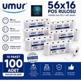 Umur 56X16 Termal Rulo | Pos Cihazlarına Uyumlu | Pos Rulosu | Net Baskı | Yüksek Kalite - 10 Paket – 100 Adet