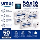 Umur 56X16 Termal Rulo | Pos Cihazlarına Uyumlu | Pos Rulosu | Net Baskı | Yüksek Kalite - 5 Paket – 50 Adet