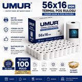 Umur 56X16 Yazarkasa Termal Pos Rulosu | Net Baskı | Yüksek Kalite | Pos Cihazlarına Uyumlu - 10 Paket – 100 Adet