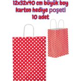 Umur Kırmızı Puantiye 12X32X40 cm Büyük Boy Karton Hediye Poşeti 10 Adet - Çok Renkli - KARMA - KARTON ÇANTA