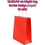 Umur Kırmızı Renk 12X32X40 cm Büyük Boy Karton Hediye Poşeti 10 Adet