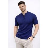 Umut Ayakkabı Erkek Kısa Kol Fitilli Triko T-Shirt Yazlık Hakim Yaka Tişört - Lacivert - 2XL