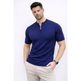 Umut Ayakkabı Erkek Kısa Kol Fitilli Triko T-Shirt Yazlık Hakim Yaka Tişört - Lacivert - XL
