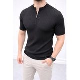 Umut Ayakkabı Erkek Kısa Kol Fitilli Triko T-Shirt Yazlık Hakim Yaka Tişört - Siyah
