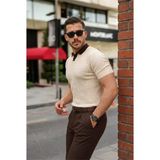 Umut Ayakkabı Erkek Yaka Detaylı Desen Dokulu Triko Tişört - 2XL - Taş