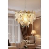 Ünal Aydınlatma Yaprak Gold 80 cm Kristal Yaprak Detaylı Modern Avize – Salon Oturma Odası