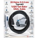 Ünal Kablo Elektrikli Araç Şarj Uzatma Kablosu 20 Metre 3x2,5 Mm² %100 Saf Bakır Kauçuk Erkek-Dişi Fişli Tse Ce Belgeli - Siyah
