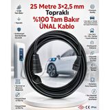 Ünal Kablo Elektrikli Araç Şarj Uzatma Kablosu 25 Metre 3X2,5 Mm² %100 Saf Bakır Kauçuk Erkek-Dişi Fişli Tse Ce Belgeli