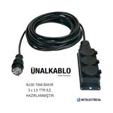 Ünal Kablo Kauçuk 3'lü (Üçlü) 12 Metre Grup Priz (3x1.5 TTR TAM BAKIR KABLO) - Siyah
