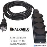 Ünal Kablo Kauçuk 4'lü (Dörtlü) 10 Metre Grup Priz (3x2.5 Ttr Tam Bakır Kablo) - Siyah