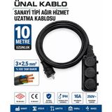 Ünal Kablo Sanayi Tipi Ağır Hizmet Uzatma Kablosu 10 Metre | 3X2.5 Mm %100 Tam Bakır | Seldur Kauçuk 3'Lü Grup Priz | Orel Kauçuk Fiş | Ip54 Ip44