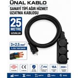 Ünal Kablo Sanayi Tipi Ağır Hizmet Uzatma Kablosu 25 Metre | 3x2.5 mm %100 Tam Bakır | Seldur Kauçuk 3'lü Grup Priz | Orel Kauçuk Fiş | IP54 IP44 - Siyah