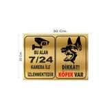 Ünalgrup PVC Dikkat Köpek Var ve 7/24 Kamera ile İzlenmektedir Uyarı Levhası, Altın Rengi, 30x20 cm, Kapı Duvar Çit Montajı için İkaz Tabelası