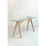 Unboxdeco Akrobat Masif Kayın Ahşap Ayaklı Cam Çalışma Masası, 130 x 57 - 130 x 57 x 74 cm - Naturel