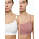 Underwear Bodyway 2'li Paket Esnek Fitilli Ribana Crop Atlet - Pamuklu Dokulu Büstiyer Set - Uyku Sütyeni - 70 - 75 - Beyaz - Vizon