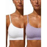 Underwear Bodyway 2'li Paket Esnek Fitilli Ribana Crop Atlet - Pamuklu Dokulu Büstiyer Set - Uyku Sütyeni - 80 - 85 - Beyaz - Lila