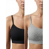 Underwear Bodyway 2'li Paket Esnek Fitilli Ribana Crop Atlet - Pamuklu Dokulu Büstiyer Set - Uyku Sütyeni - 80 - 85 - Siyah - Gri Melanj