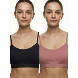 Underwear Bodyway 2'li Paket Esnek Fitilli Ribana Crop Atlet - Pamuklu Dokulu Büstiyer Set - Uyku Sütyeni - 90 - 95 - Siyah - Vizon