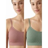 Underwear Bodyway 2'li Paket Esnek Fitilli Ribana Crop Atlet - Pamuklu Dokulu Büstiyer Set - Uyku Sütyeni - 90 - 95 - Yeşil - Vizon