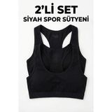 Underwear Bodyway 2'li Paket Pamuklu Pedli Sporcu Sütyeni & Bralet - Günlük Rahat Yüzücü Model Sporcu Atleti - 70 - 75 - Siyah - Siyah