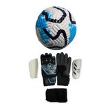 UNES 5 NO MAVİ ÇİZGİLİ FUTBOL TOPU KALECİ ELDİVENİ VE TEKMELİK 3'LÜ SET (POMPA HEDİYE) - BEDEN: 5, MAVİ BEYAZ