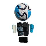 Unes 5 No Mavi Çizgili Futbol Topu Kaleci Eldiveni Ve Tekmelik 3'Lü Set (Pompa Hediye),Mavimavimavi 7