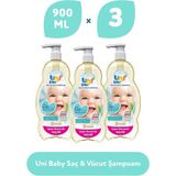 Uni Baby 3'lü 900 ml Şeffaf Saç ve Vücut Şampuan Hassas Ciltler İçin Özel Formül