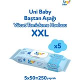 Uni Baby Vücut Temizleme Havlusu 250 Yaprak Xxl 5'li Hassas Ciltler İçin Dermatolojik Olarak Test Edilmiştir
