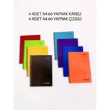 Uni Note A4 Spiralli Defter Seti 8 Adet (4 Kareli + 4 Çizgili) 60 Yaprak Renkli Plastik Kapak Okul Ve Ofis Defteri