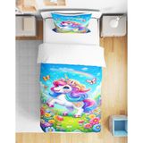 Unicorn 3D Dijital Baskılı Tek Kişilik Kız Çocuk Çarşafsız Nevresim Takımı - Renkli - 160 x 220 cm