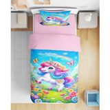 Unicorn 3D Dijital Baskılı Tek Kişilik Nevresim Takımı Kız Çocuk Nevresim Takımı (Pudra Pembe)