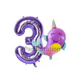 Unicorn Balina Balon 3 Yaş Set Okyanus Konsept Unicorn Yunus Balığı Ve Mor Rakam Balon Set