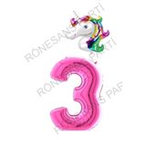 Unicorn Folyo Balon ve Fuşya Rakam Folyo Balon Seti 3