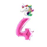 Unicorn Folyo Balon ve Fuşya Rakam Folyo Balon Seti 4