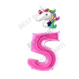 Unicorn Folyo Balon ve Fuşya Rakam Folyo Balon Seti 5