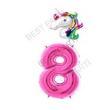 Unicorn Folyo Balon ve Fuşya Rakam Folyo Balon Seti 8