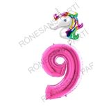 Unicorn Folyo Balon ve Fuşya Rakam Folyo Balon Seti 9