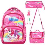 Unicorn Kanatlı At Desenli Üçlü Kız Çocuk Ilkokul Okul Çantası Mor Stiç(Çanta Termal Beslenme Çanta Kalemlik) - Altın Pembe